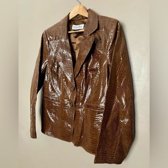 BRADLEY BAYOU brown leather coat shiny crocodile embossed Y2K Glam vintage sz L - Picture 3 of 14